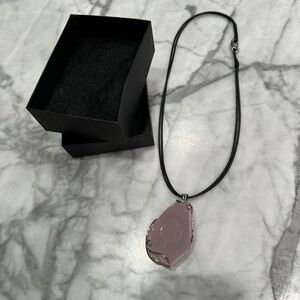 Large Rose Quartz Pendant on Black Rope with  Silvertone Hardware